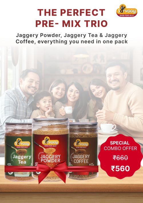 Sarvaay Jaggery Essentials Combo Pack with Jaggery Powder, Jaggery Tea and Jaggery Coffee jars placed with a smiling family and special price offer.
