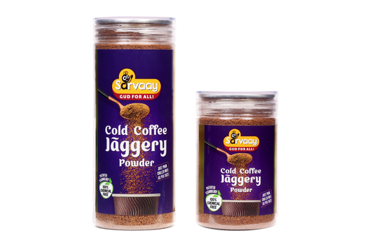 Sarvaay Cold Coffee Jaggery Powder jar in 200gm and 100gm pack sizes