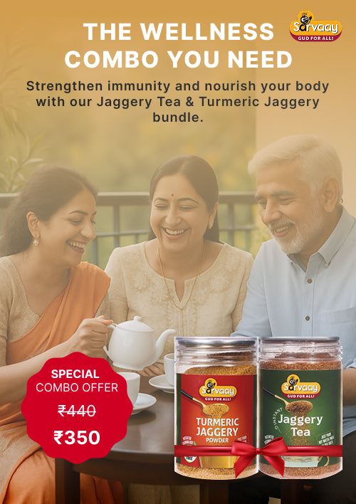 Sarvaay Wellness Essentials Combo with Turmeric Jaggery and Jaggery Tea jars shown beside smiling family enjoying tea with special price offer.