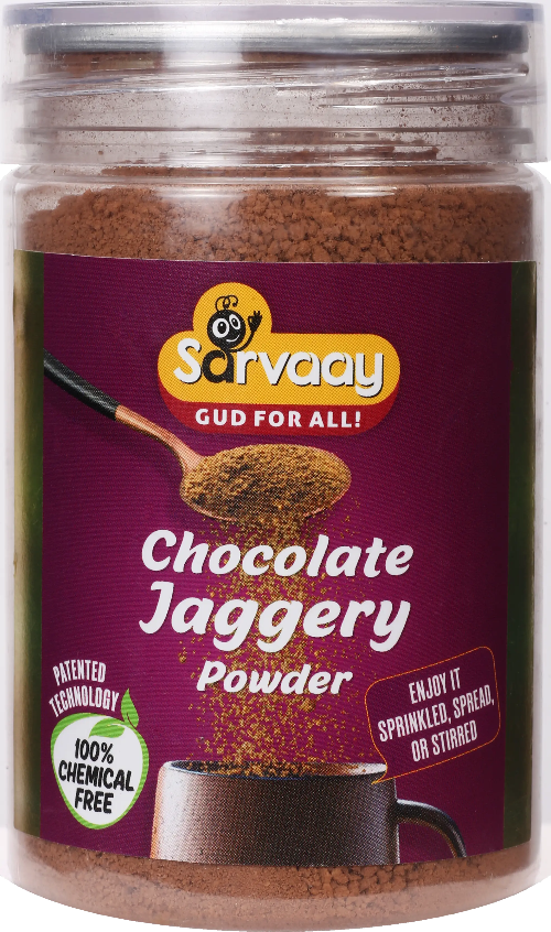 Sarvaay Chocolate Jaggery Powder jar with chemical free jaggery and cocoa blend for healthy snacking or milk based chocolate drinks