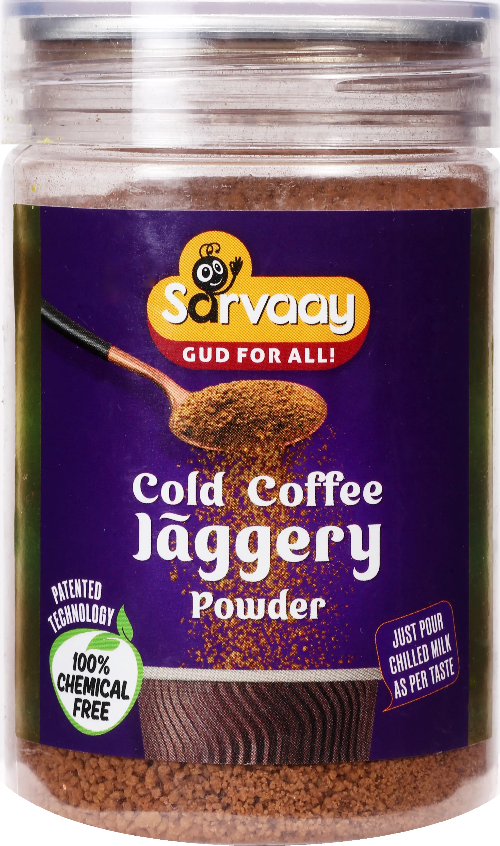 Sarvaay Cold Coffee Jaggery Powder jar made with 100 percent chemical free ingredients for a naturally sweet iced coffee mix.