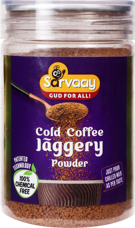 Sarvaay Cold Coffee Jaggery Powder jar made with 100 percent chemical free ingredients for a naturally sweet iced coffee mix.