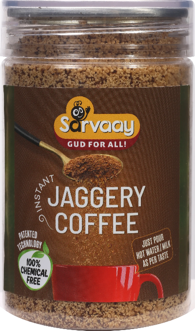 Sarvaay Jaggery Coffee Powder jar with 100 percent chemical free ingredients for an instant, naturally sweetened coffee experience.