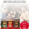 Sarvaay Jaggery Essentials Combo Pack with Jaggery Powder, Jaggery Tea and Jaggery Coffee jars placed with a smiling family and special price offer.