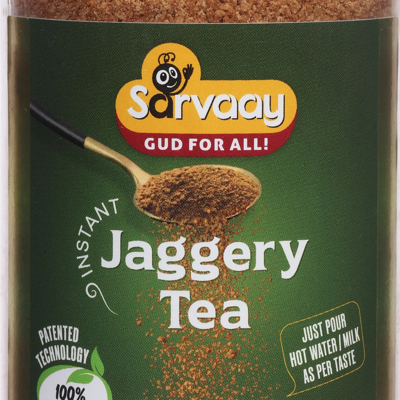 Sarvaay Instant Jaggery Tea Powder jar made with 100 percent chemical free ingredients, ready to mix with hot water or milk.