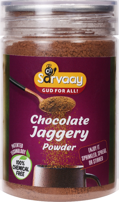 Sarvaay Chocolate Jaggery Powder jar with chemical free jaggery and cocoa blend for healthy snacking or milk based chocolate drinks