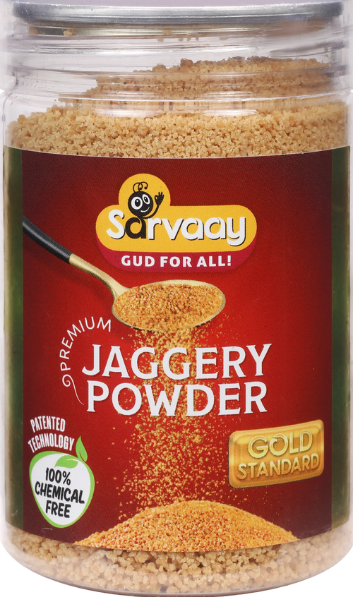 Sarvaay Jaggery Powder jar made with 100% chemical free sugarcane