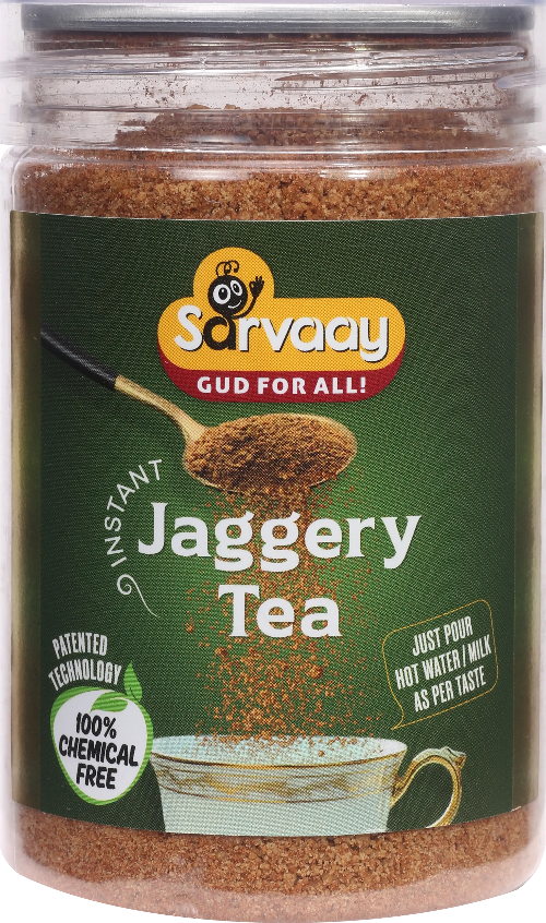 Sarvaay Organic Jaggery Tea Powder jar made from 100 percent pure sugarcane, natural sweetener for chai.