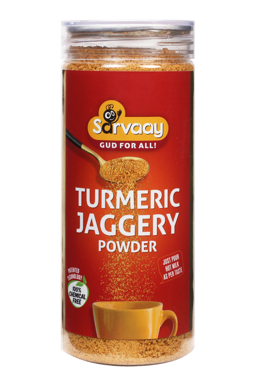 Sarvaay 200gm Organic Turmeric Jaggery Powder jar, premium Haldi Jaggery Powder for immunity and digestion