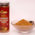 Sarvaay Turmeric Jaggery Powder jar with bowl of haldi jaggery powder and spoon inside, perfect for warm wellness drinks