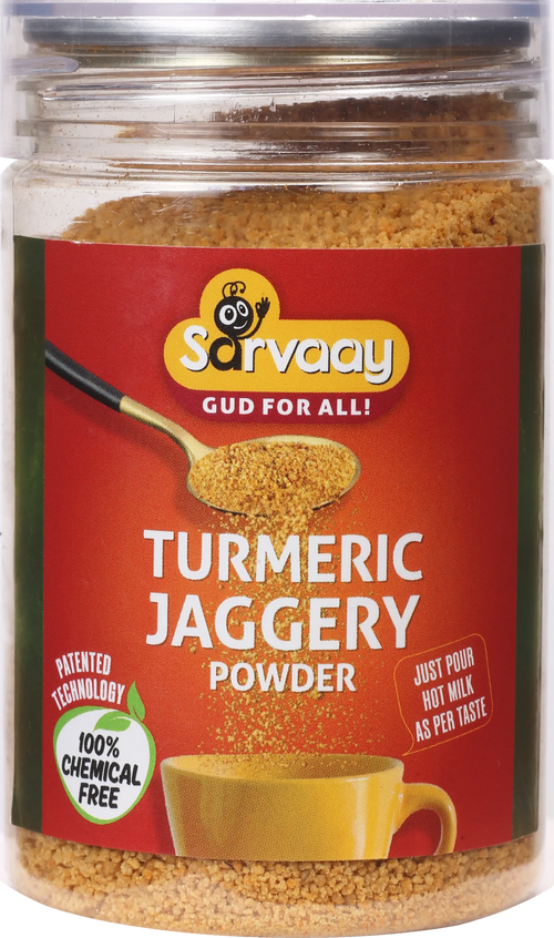 Sarvaay Organic Turmeric Jaggery Powder jar made from pure sugarcane and turmeric, natural sweetener for daily wellness.
