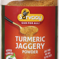 Sarvaay Organic Turmeric Jaggery Powder jar made from pure sugarcane and turmeric, natural sweetener for daily wellness.