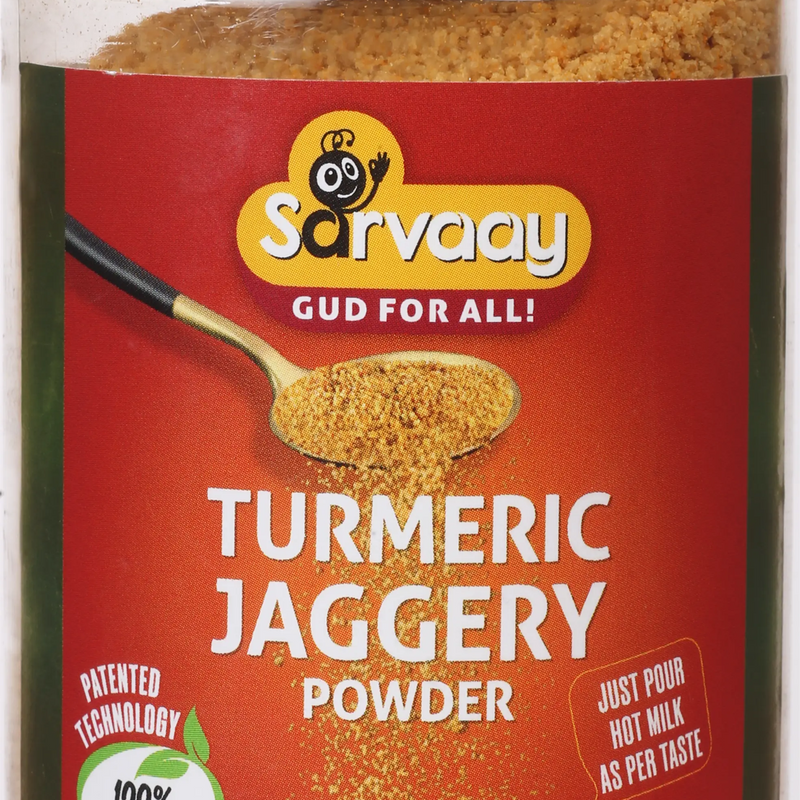 Sarvaay Organic Turmeric Jaggery Powder jar made from pure sugarcane and turmeric, natural sweetener for daily wellness.