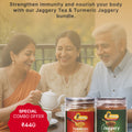 Sarvaay Wellness Essentials Combo with Turmeric Jaggery and Jaggery Tea jars shown beside smiling family enjoying tea with special price offer.